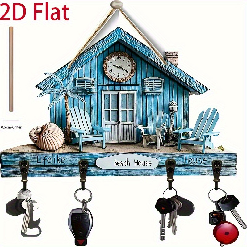 TEMU 2d Flat 1pc Beach House Wall Mounted Key Rack - Hand Painted Design With 4 Metal Hooks, Wood Hallway Organizer For Porch, Room, Villa Decor - Beach Theme Home Decor, 2d Flat