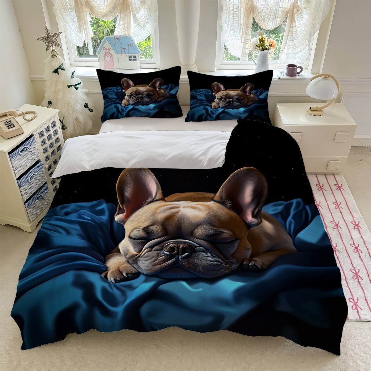 TEMU Ensemble de Literie 3 pièces pour Français Bleu + Imprimé Chien (1 Housse de Couette + 2 Taies d'Oreiller, Intérieur) pour Décoration de Chambre