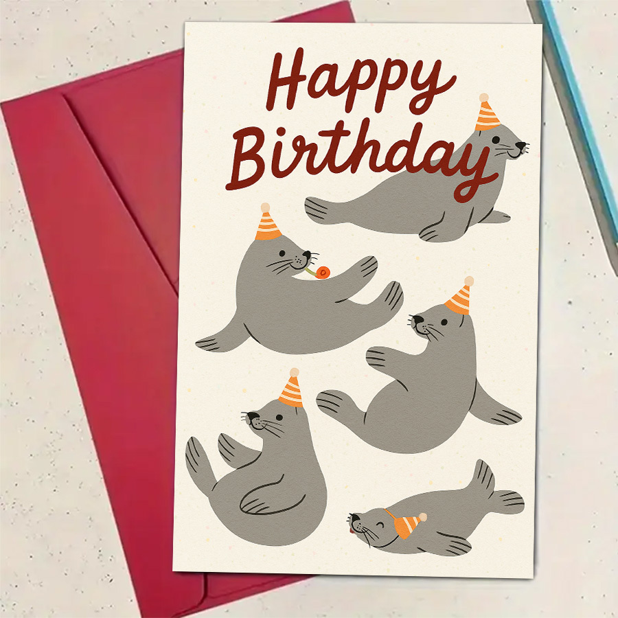 TEMU A Single Adorable Seal Birthday Card Featuring Party Hats, Ideal For , Family, And Seal Enthusiasts. Sending Birthday Greetings And Celebrating