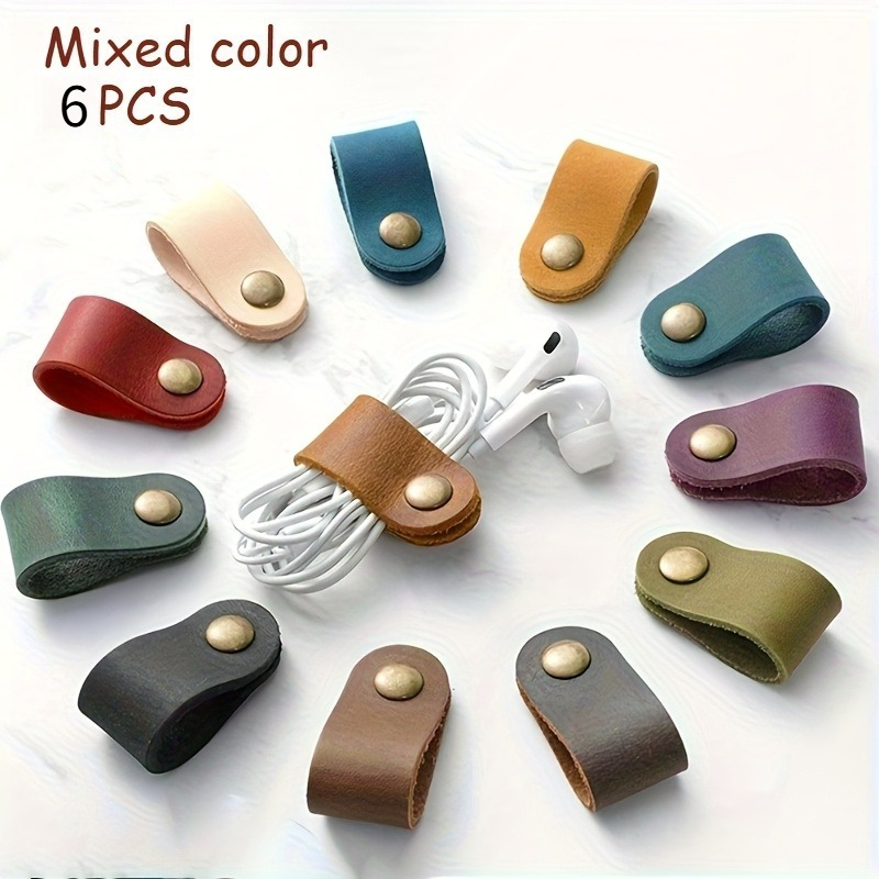 TEMU 6pcs Pu Leather Cable Ties Suitable For Headphone & Data Cables, No Battery Required, Organizers With Flexible Pu Straps, Durable Management For