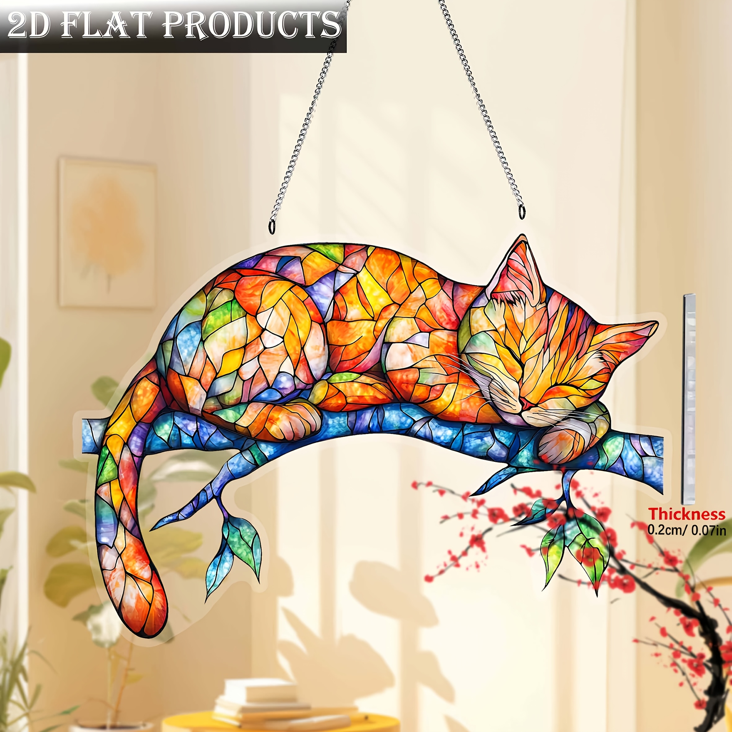 TEMU 2d Flat, 1pc, Colorful Cat Sleeping On Tree Branch Catcher, Colorful Window Hanging Ornament, Suitable For Courtyards And Gardens, Bedroom