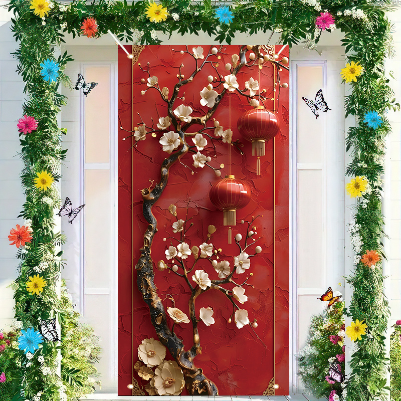 

[] 1pc 2d Door Curtain " X 35.4", And Flower Lantern Design On Red Background, Chinese Decoration, For Indoor And Outdoor Front Hall Wall Decoration, Event Party Banner Door Curtain