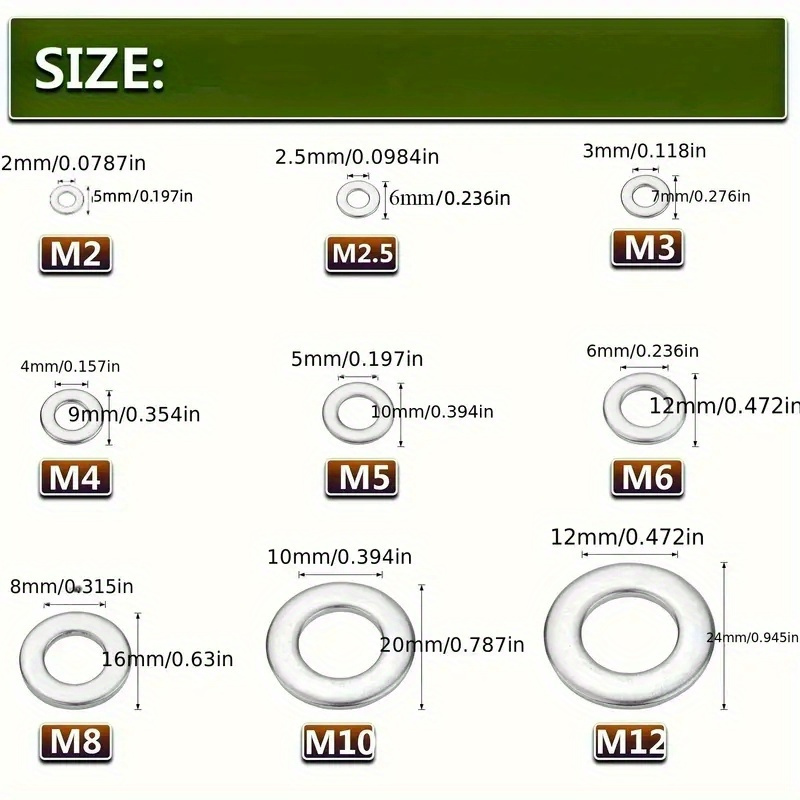 180 bucăți set șaibe plate, 8 dimensiuni m2-m10, potrivite pentru șuruburi/șaibe lustruite și placate Detaliile articolului 3