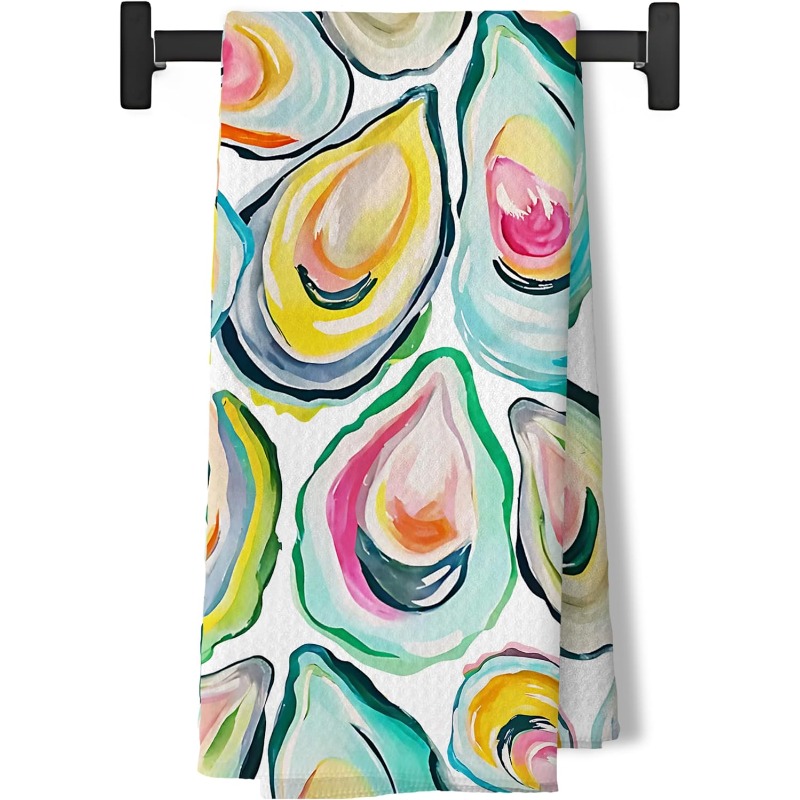 TEMU 1pc 18*26 Inch Coastal Beach Oyster Shell And Martini Kitchen Towels, Watercolor Seafood Cocktail Hand Towels For Kitchen Bathroom Bar Seaside Restaurant, Beach Lover Gifts Hand Towels,