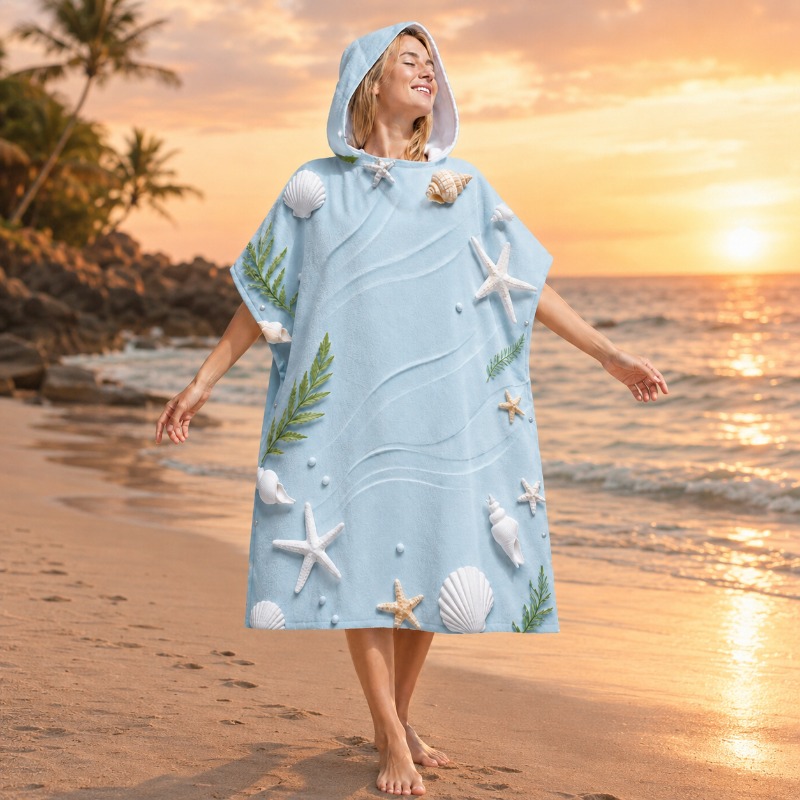 TEMU 1pc Light Cape With Wave, Seashell, And Starfish Pattern, Hooded Absorbent Bath Towel Cape, Soft, Quick-drying, Skin-friendly, And Breathable,