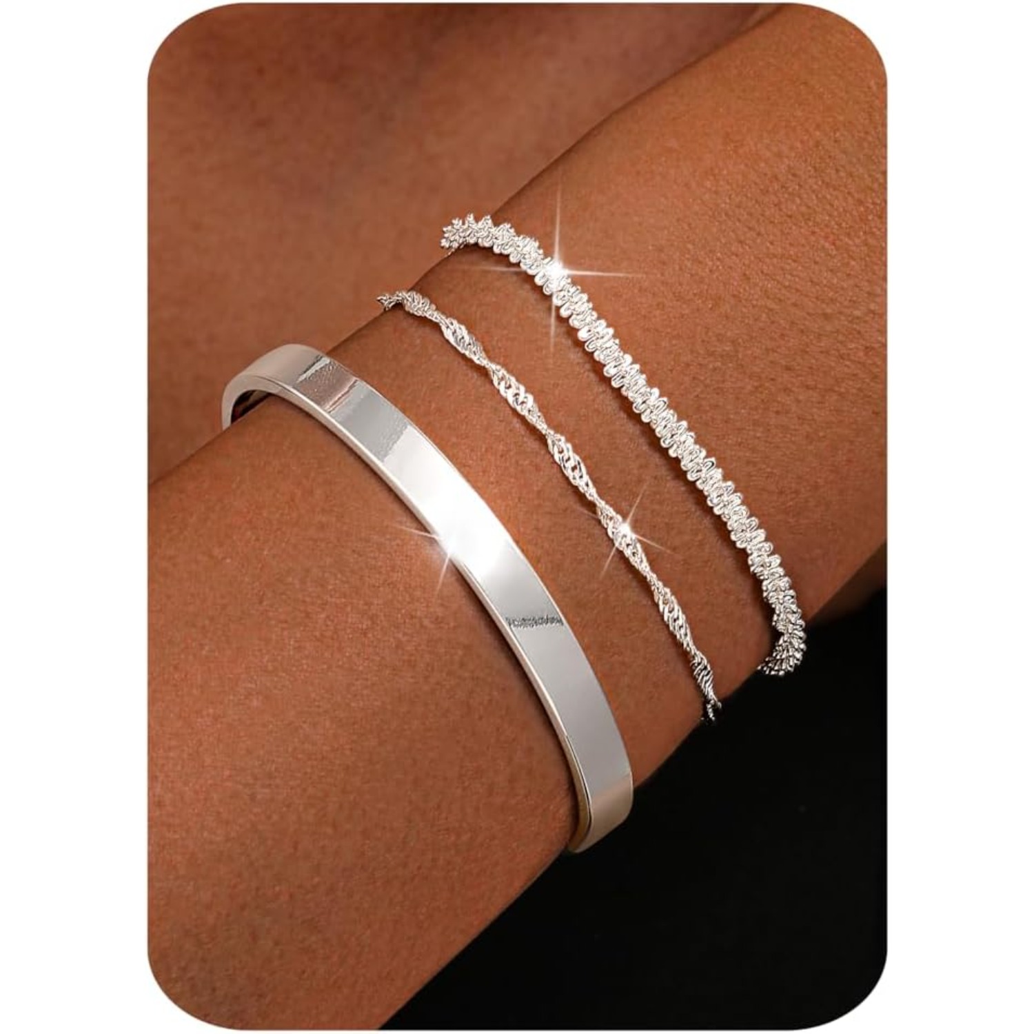 3pcs For Women Adjustable Stackable Bracelets Set Layered Chain Bracelet Silvery Bangles For Womens Ladies With Gift Box