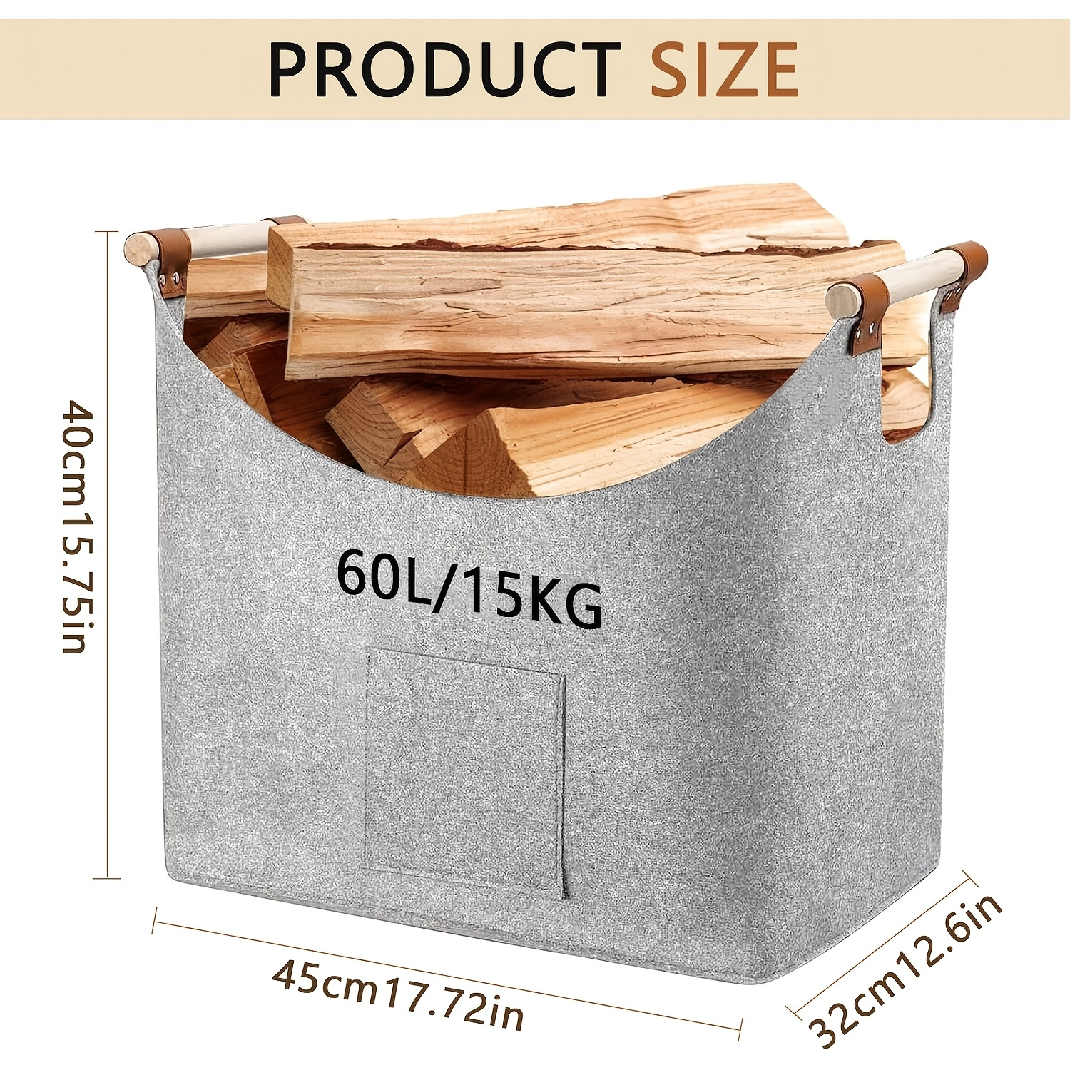 xxl foldable fire basket 55l thickened felt log basket for fireplaces indoor wood burner with extended handles space saving firewood vegetable basket dark gray details 2