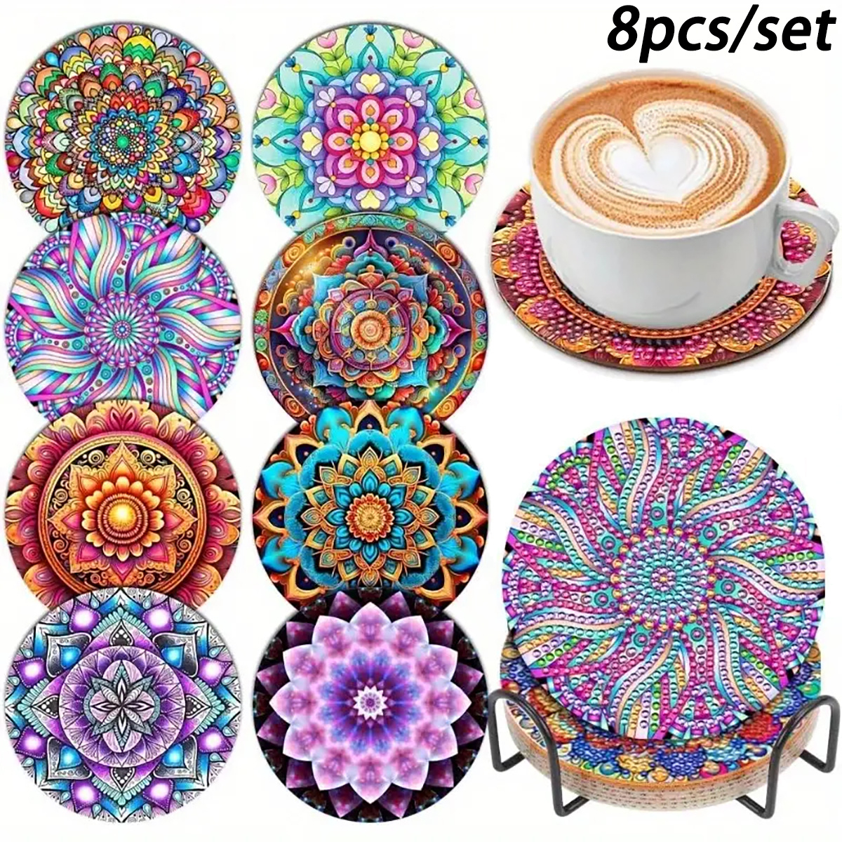 

8pcs Diy 5d Coaster Set - Mandala , Round Crystal, Anti-slip With Bracket, Wooden Desktop Protection And Gift, Adhesive, Diamond Art