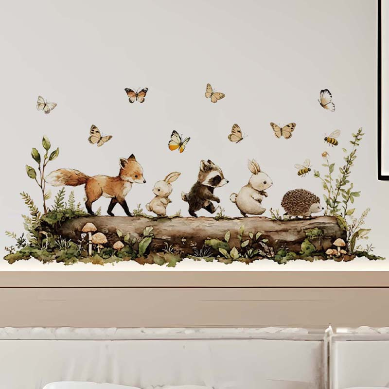 Image of Animal-themed Wall Stickers Featuring A Line Of Animals A Log, Perfect For Easter Decorations Room, Dining Room, Bathroom, Or Bedroom. Removable Pvc Wall Decals Are Easy To Apply