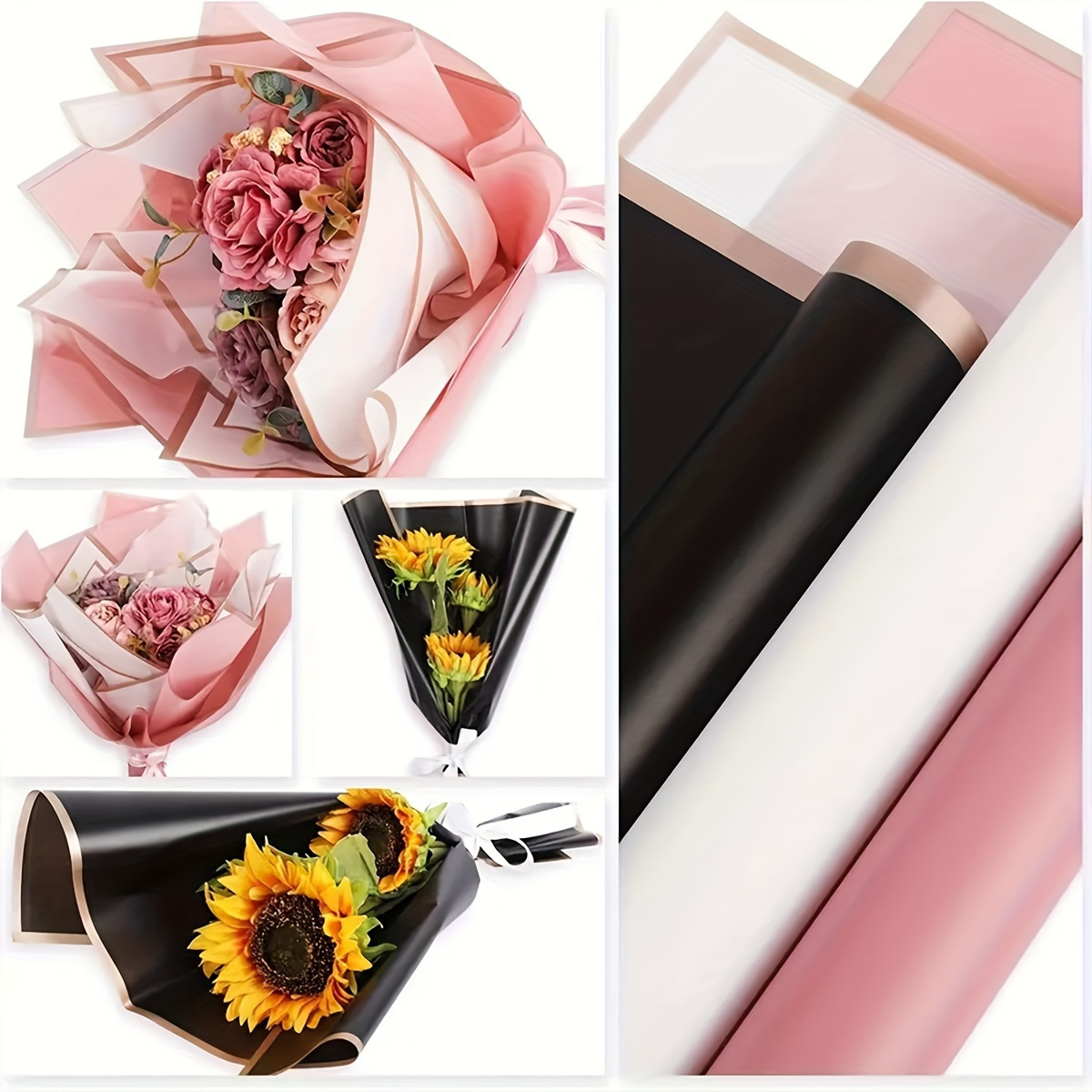 

20pcs d'Emballage Floral Étanche avec Bordure Dorée - Blanc, Rose, Noir | Idéal pour Bouquets & Cadeaux | Fournitures de de Fleurs de Style Coréen | Polyvalent pour & Toutes , d'Emballage pour Bouquet