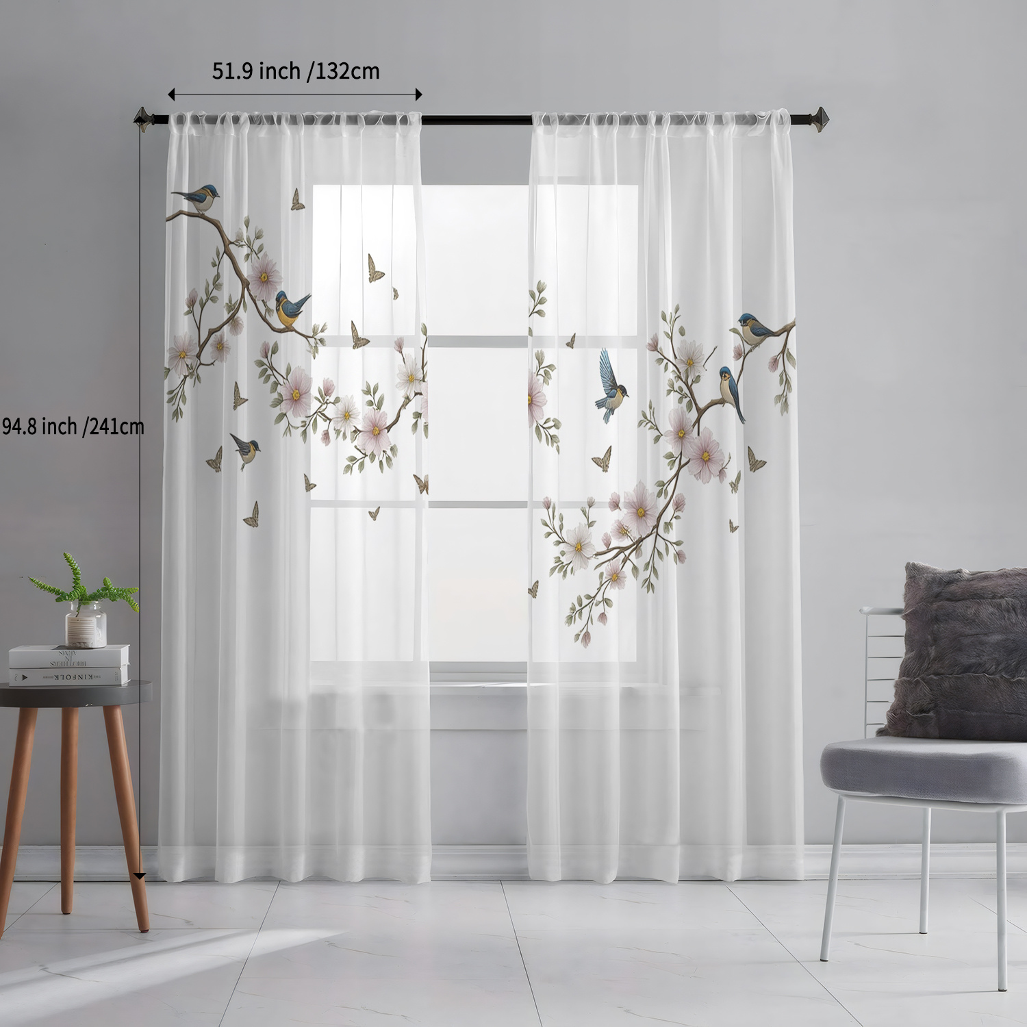 TEMU Lot de 2, Style Japonais, Martin-pêcheur sur Branche, Élégant, Matériau en Fibre de Polyester Semi-Transparent, Rideau Transparent à Poches,