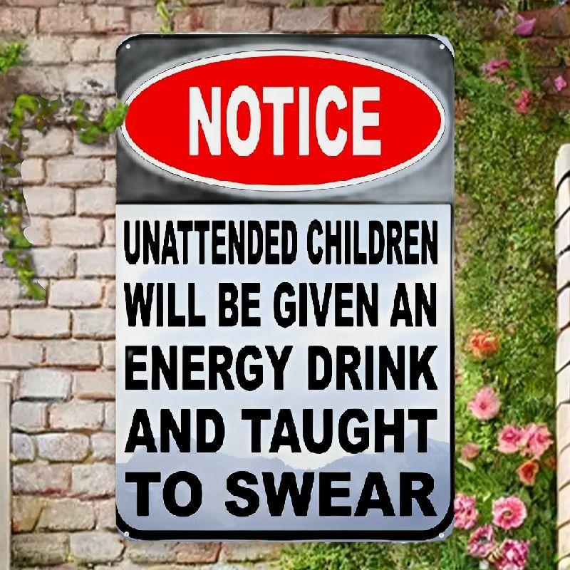 TEMU 1pc Vintage Metal Wall Sign - Humorous Unattended Children Warning, Energy Drink & Swearing Themed, Multipurpose Indoor/outdoor Decor, ,