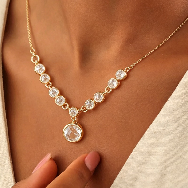 TEMU 1pc Women' Plated Synthetic Zirconia Necklace - Elegant Round Pendant Suitable For Wedding, Anniversary Gift, April Birthstone Jewelry, Birthday