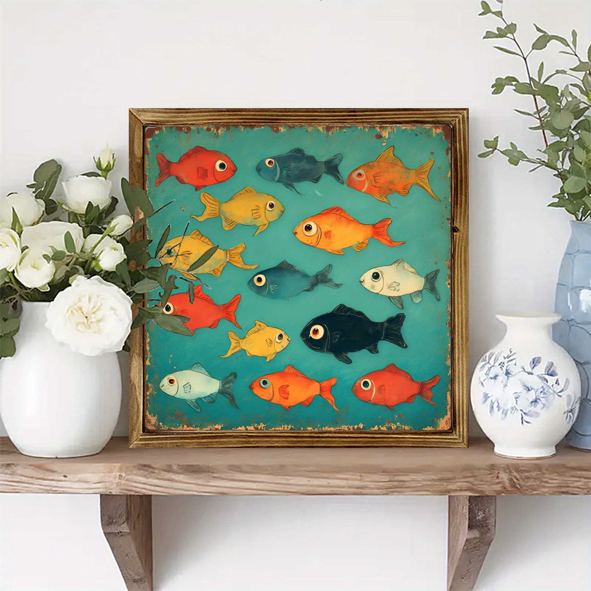TEMU Colorful Fish Wall Art - 8x8 Inch Simple Wooden Frame Decor, Recycled Wood, Easy To Hang, Suitable For Home , Unique Housewarming Gift,