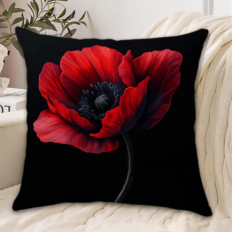 TEMU 1pc Vibrant Red Poppy Flower Decorative Pillowcase, Soft And Comfortable Polyester Short Plush Fabric, Single-sided Print, Pillow Insert Not