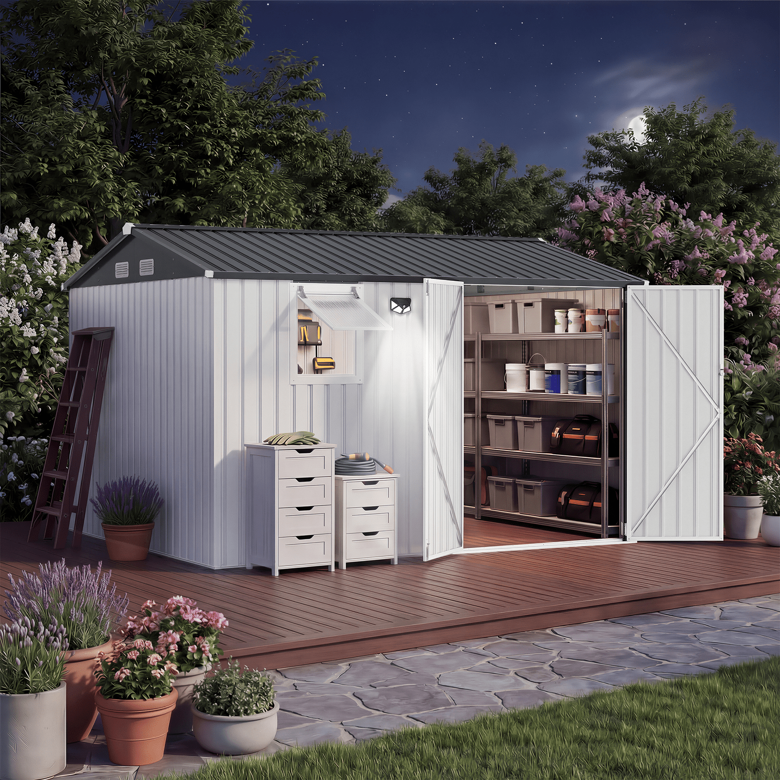 10x8ft outdoor storage shed with pushable window metal garden shed with   roof breathable vent and lockable doors steel tool shed for patio garden garage backyard poolside