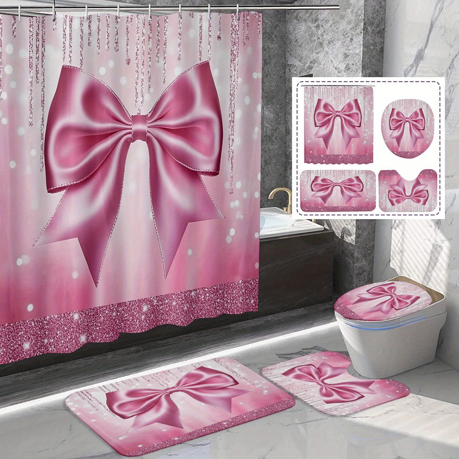 

/4 Bow Shower Curtain Set, Bath Mat Carpet, Unique Mat , Shower Curtain, 71x71 , 12 , Bathroom Decoration