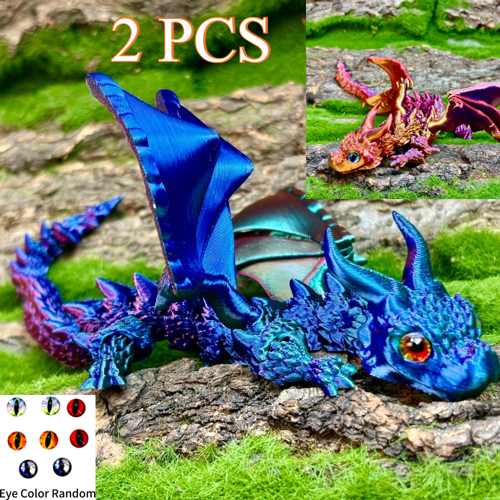 TEMU 2pcs 3d Printed Winged Dragon Model, Articulated And Detachable Wings, Random Eye Color, Home Decor Statue, Creative Gift With Random Eye Colors