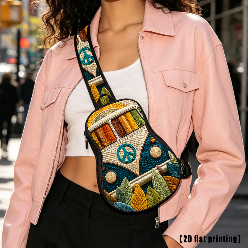 Quilted Peace Van, Bolso bandolera, Mochila de senderismo, Bolso de pecho, Correa de hombro ajustable, Gran capacidad, Adecuado para ciclismo y senderismo al aire libre para hombres y mujeres