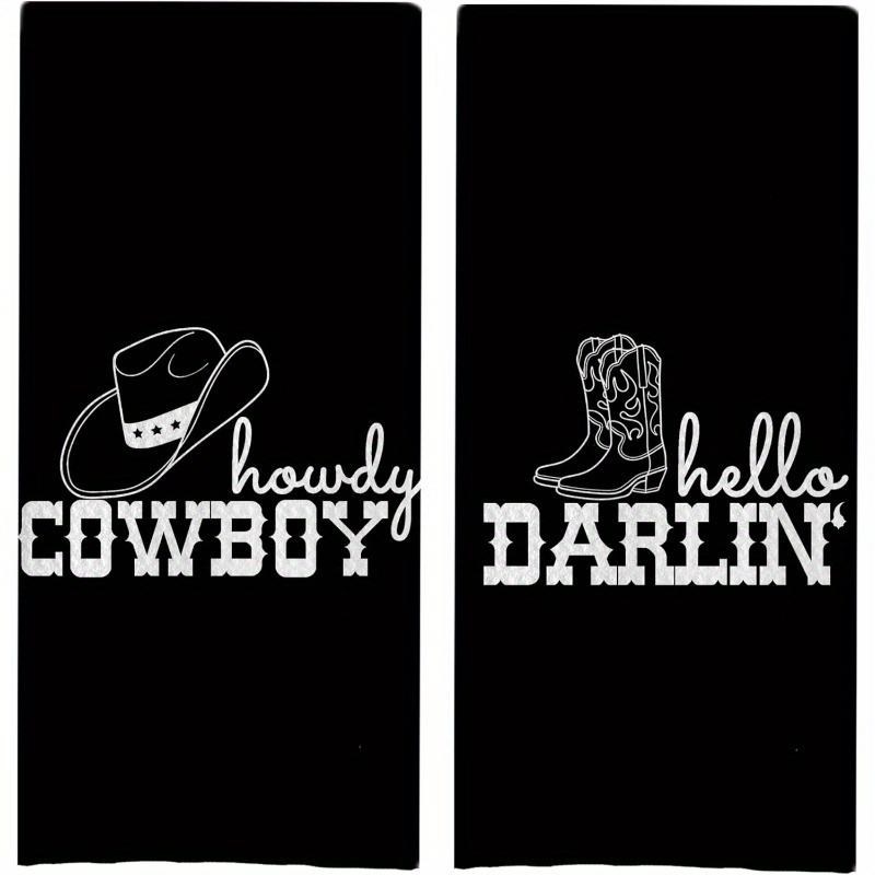 

2-pack Modern Western-themed Kitchen Towels, 18x26 Inch, Super Soft Polyester, Machine Washable, Woven Oblong Hand Towels For Decor, Cowboy & Cowgirl Design