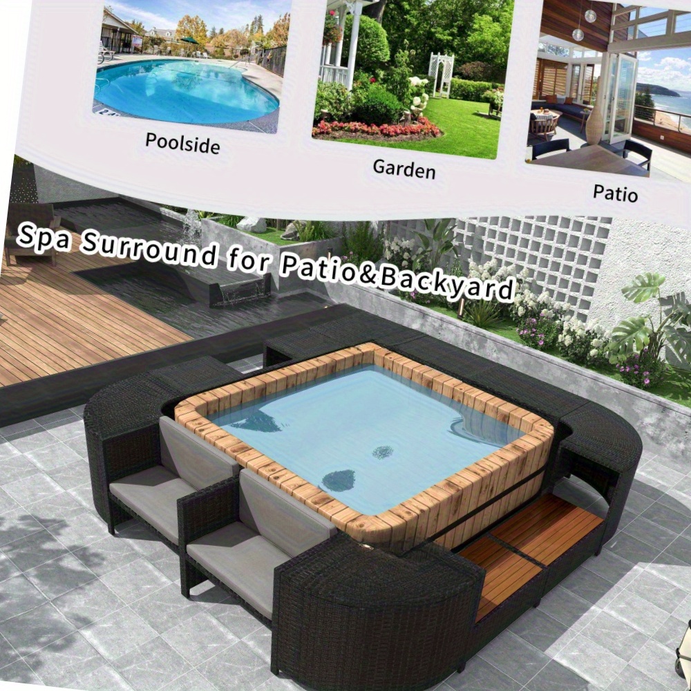 [Outdoor All Weather Sofa] Patio Rattan Sofa Set Spa Surround Spa Frame With Storage Spaces, Outdoor All Weather Round Conversation Sofa Set With Acacia Wood Seats And Waterproof Cushion, Free Combination