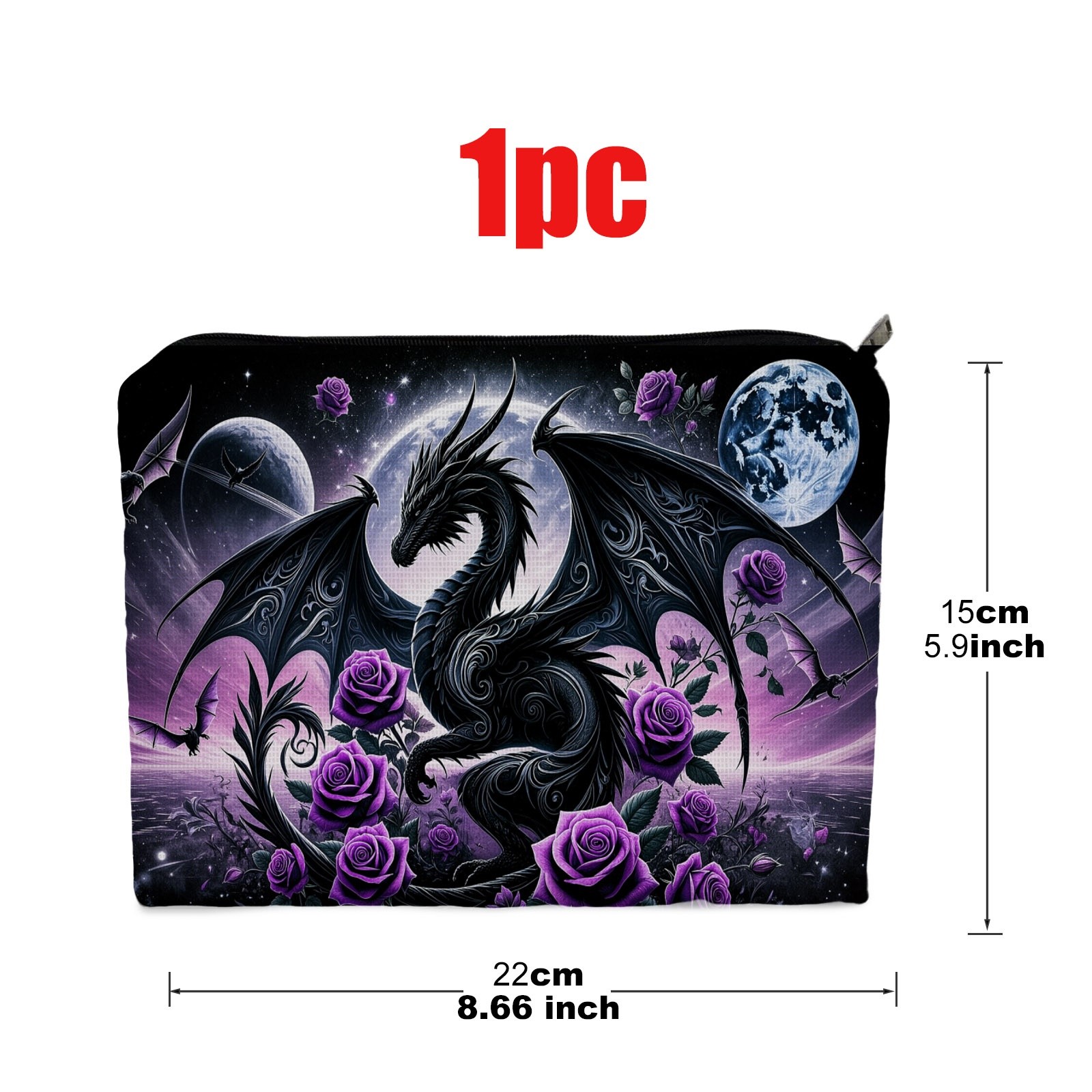 TEMU Black Dragon And Purple Rose Starry Makeup Bag, Double-sided Polyester Cosmetic Pouch Measuring 5.9 X 8.66 Inches, Mystical Decorative Toiletry