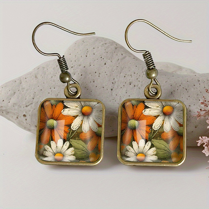 TEMU 1 Pair Yellow And White Daisies Square Earring Retro Glass Dangle Earrings Handmade Jewelry Gift
