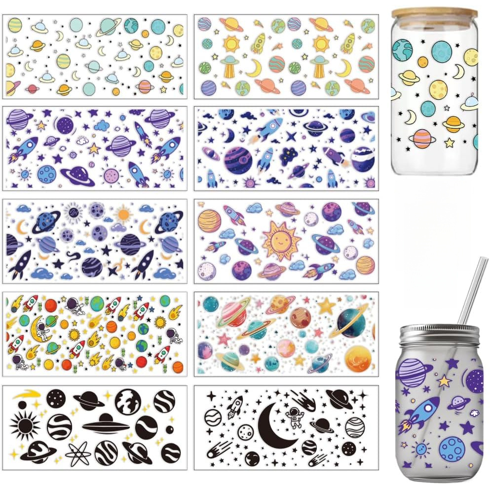 TEMU Lot de 10 décalcomanies UV DTF sur le thème de pour gobelets, adaptées aux verres de 16 onces, avec d', de fusées, d'astronautes et de météores,