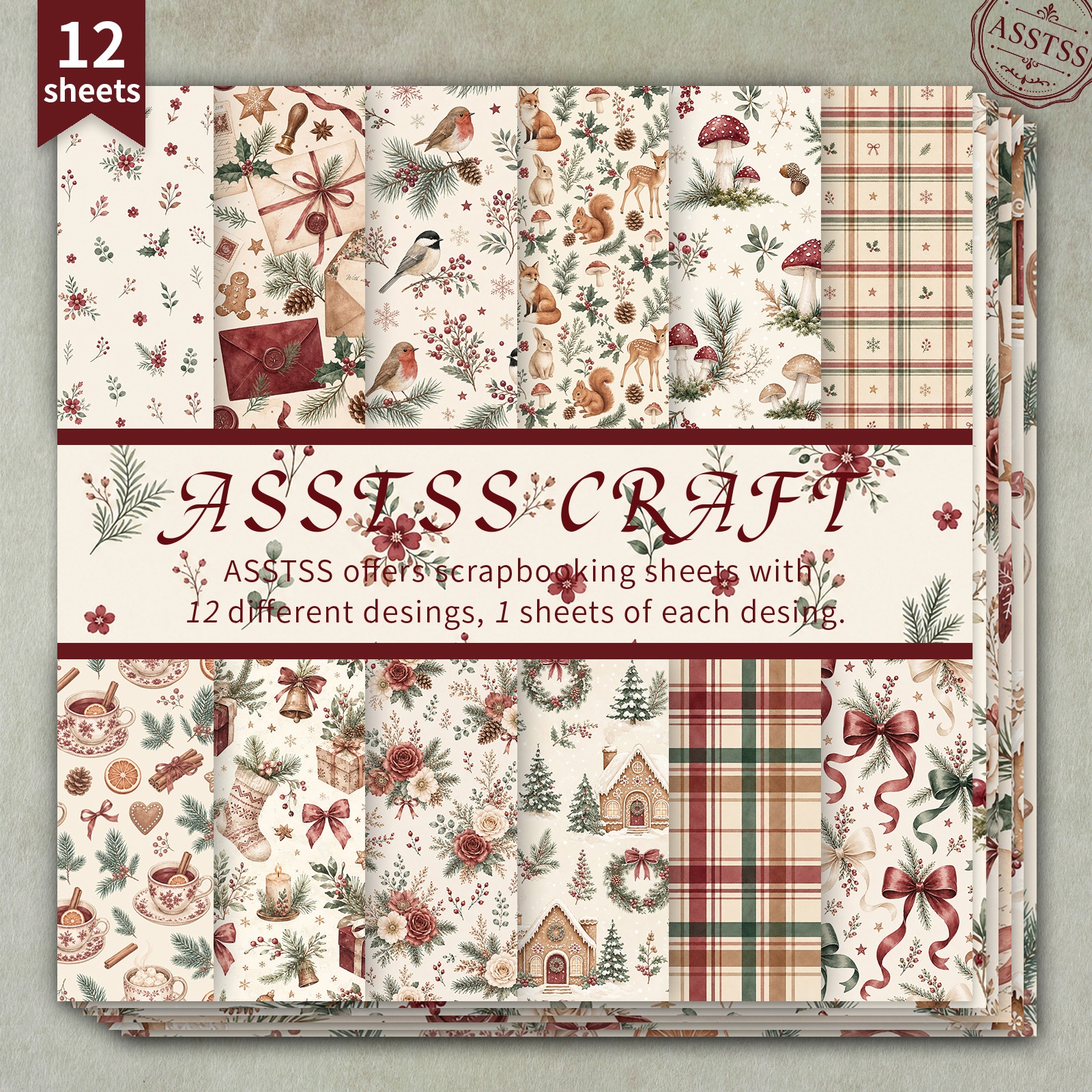 TEMU Bloc de papier de scrapbooking 12 feuilles assorties 6*6 pouces, fournitures de papier de support style aquarelle vintage de Noël avec animaux,