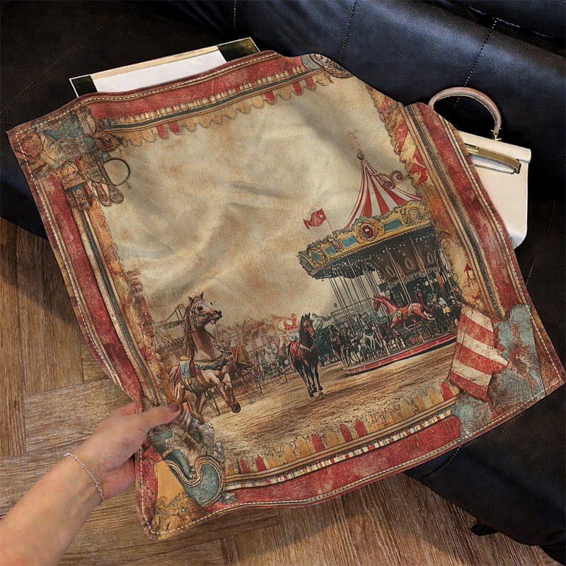 TEMU 1pc Large Vintage Carousel Horse & Amusement Park Scarf - Soft Polyester Suitable For Women, Machine Washable Neck Wrap & Headwear, Retro Travel
