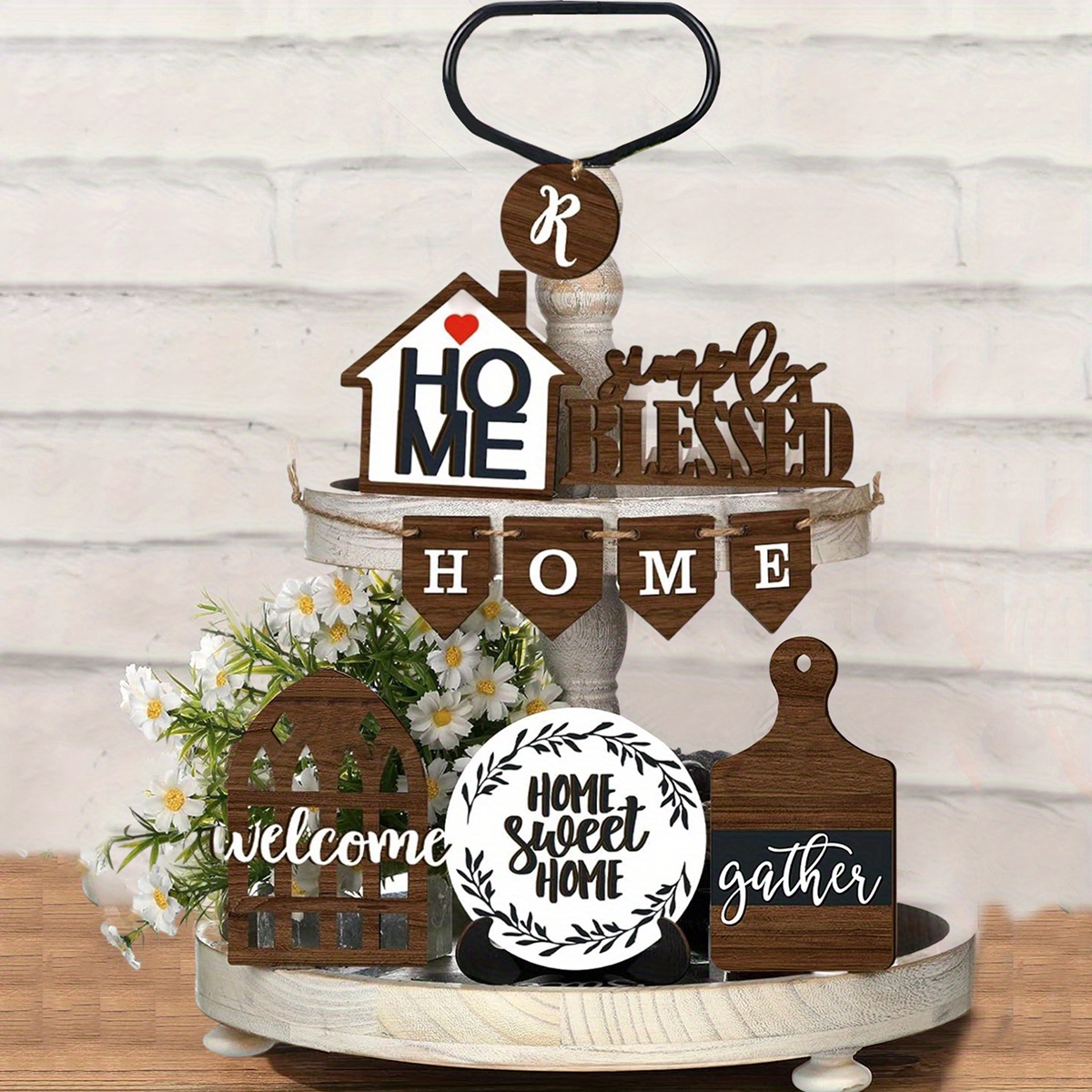 

1 Set Rustic Farmhouse Wooden Home Decor Signs, Tiered Tray Display Accents, Welcome Sweet Home Manufactured Wood, No Electricity Required, Tabletop Decor Without Tray