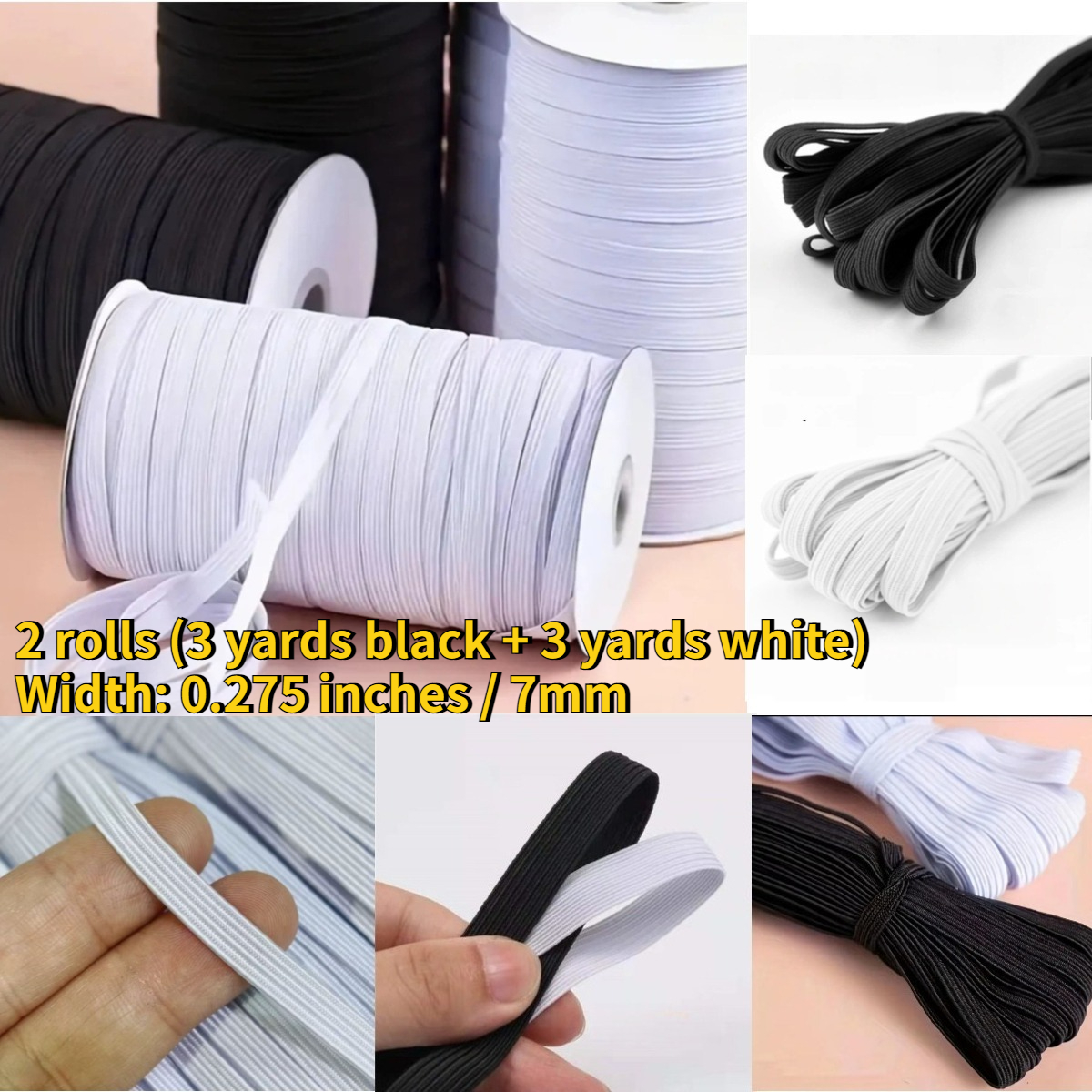 TEMU 2 Rolls (black 3 Yards + White 3 Yards), Width: 0.275 Inches / 7mm, High-quality Flat Elastic Spool - High-elasticity Elastic Band, Suitable For