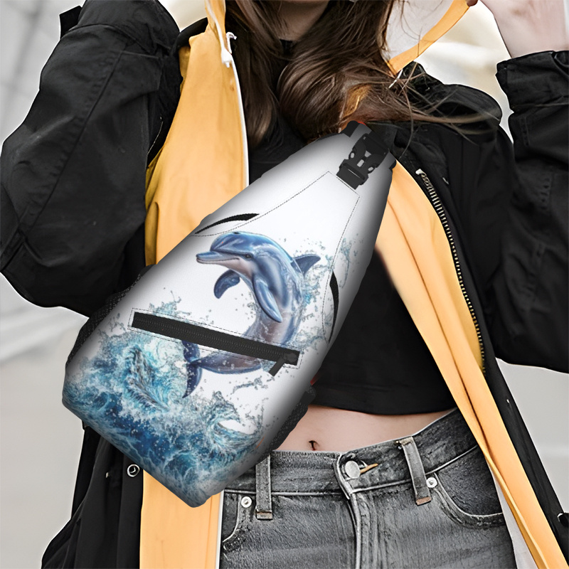 

Everyday ] Stylish Dolphin Print Chest Bag - Versatile Crossbody Sling With Adjustable Strap, Secure Metal Zipper, And Polyester Lining For Casual , Outdoor Travel Pouch||adjustable Strap Bag