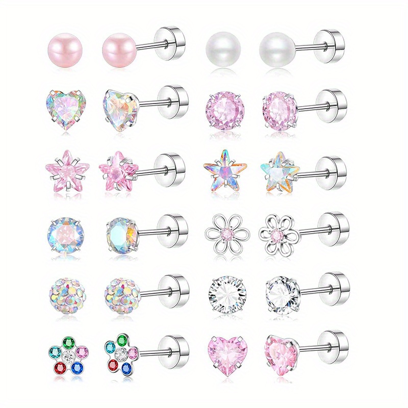 E-shop 24 Stück (12 Paare) Hypoallergene 316 Edelstahl Ohrringe für empfindliche Ohren - Mehrere Stile (Herz, Stern, Blume) Ohrstecker, Verblassen &