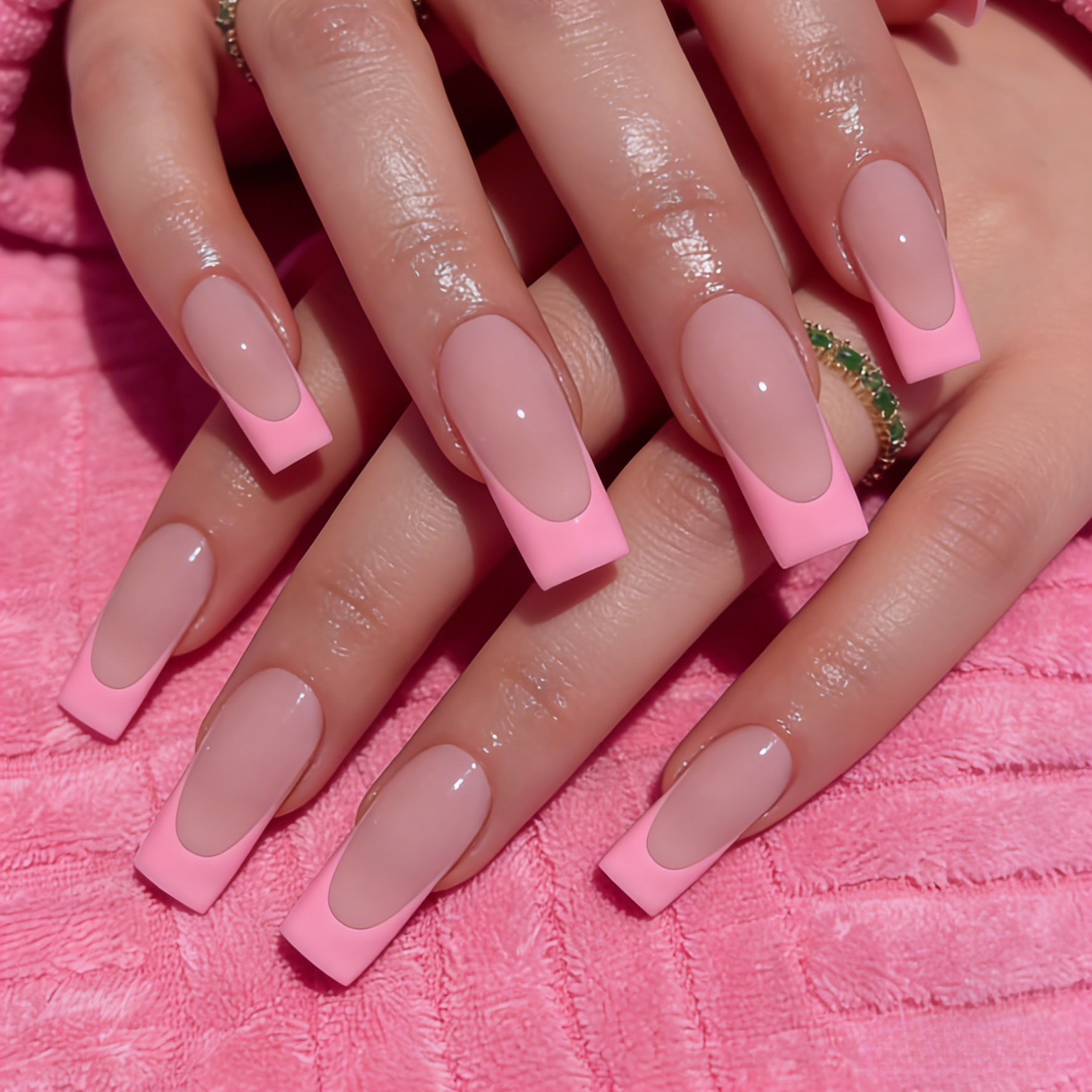 TEMU 24pcs Press-on Nails Suitable For Women & - Pink Nude Glossy False Nails With Watermelon Edge Stripe & Nude Base, Square Medium Length Nail