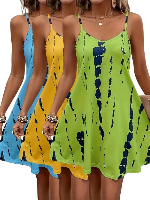 3pcs set for women tie dye round neck suspender dress homewear set