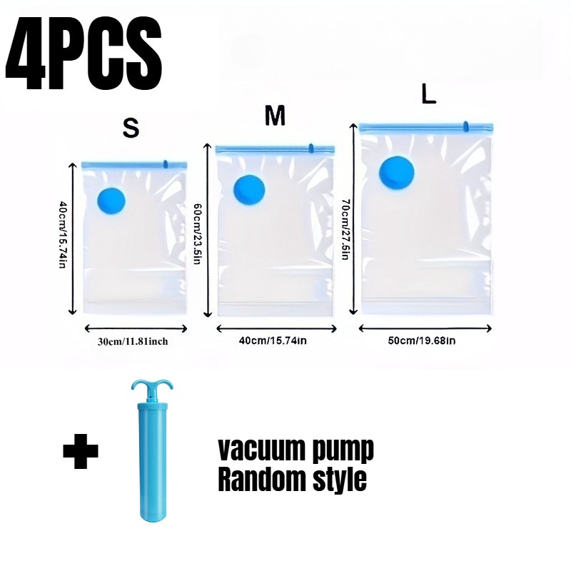 TEMU 4pcs Storage Set, 3 Vacuum Storage Bags + 1 Hand Pump, Compression Space Saver Bags - For Clothes, Blankets, Bedding, Quilts & Duvets, For