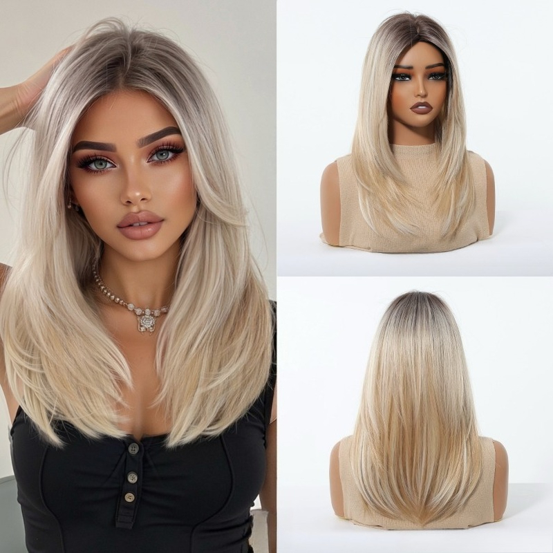 Image of Women's Brown To Blonde Ombre Synthetic Wig - Layered Straight Hair With , Comfortable Blonde Balayage Wig For Daily Wear, Parties & Volume | Light Beige Tones (no Glue/easy)