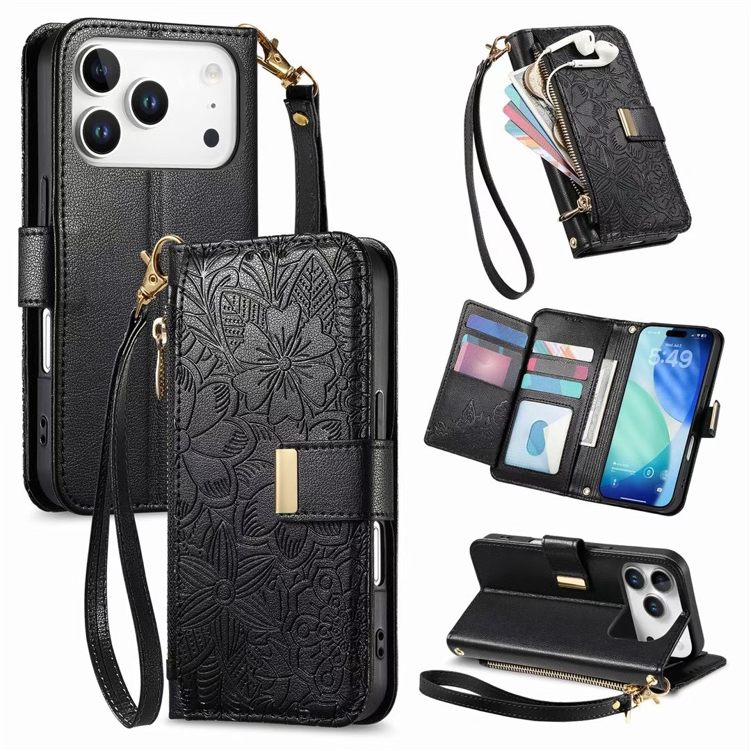 TEMU Phone Case - Elegant And Stylish Flip Phone Case For Iphone 17, 17 Pro, Featuring A Floral And Leaf Wallet Design