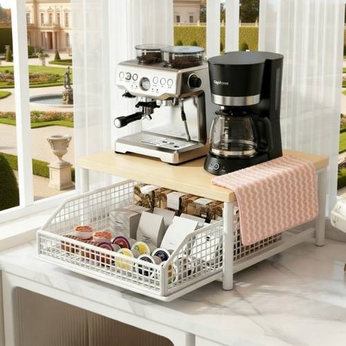 1pc light coffee corner storage rack and 1pc cleaning cloth double layer countertop storage rack with pull out basket coffee machine capsule storage tool up kitchen countertops