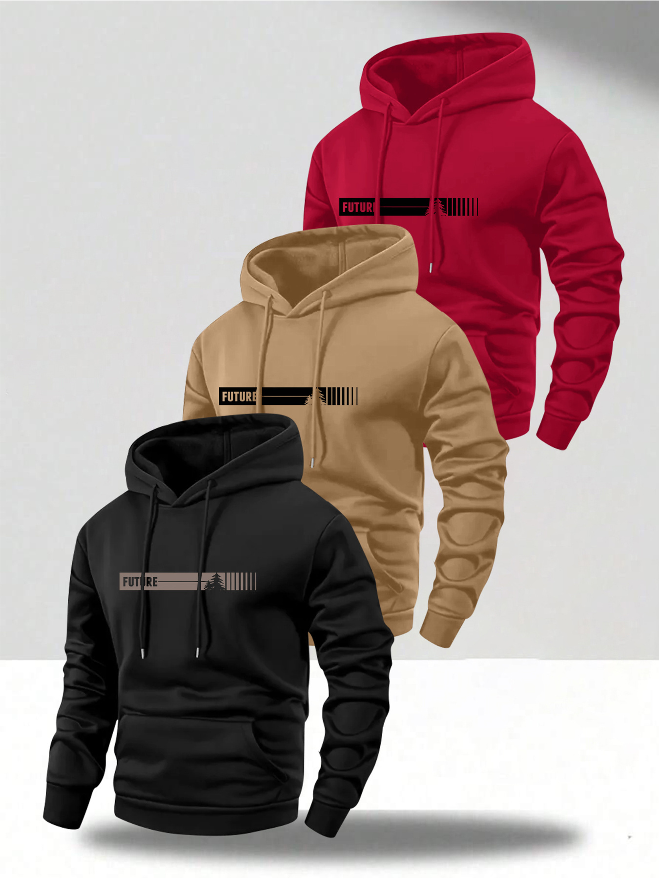 Men's 3pcs Hooded Sweatshirt Set, Long Sleeve Pullover with Kangaroo Pocket and Drawstring Hood, Graphic Print Streetwear for Gym, Jogging, Outdoor Activities, Machine Washable Casual Autumn/Winter Sportswear, Ideal for Daily Wear and Outdoor Use