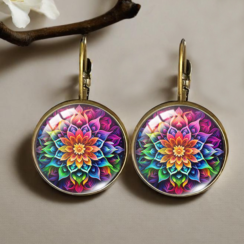 TEMU Hermosos Aretes de Vidrio con Mandala Colorido, Joyería Vintage, Regalo para