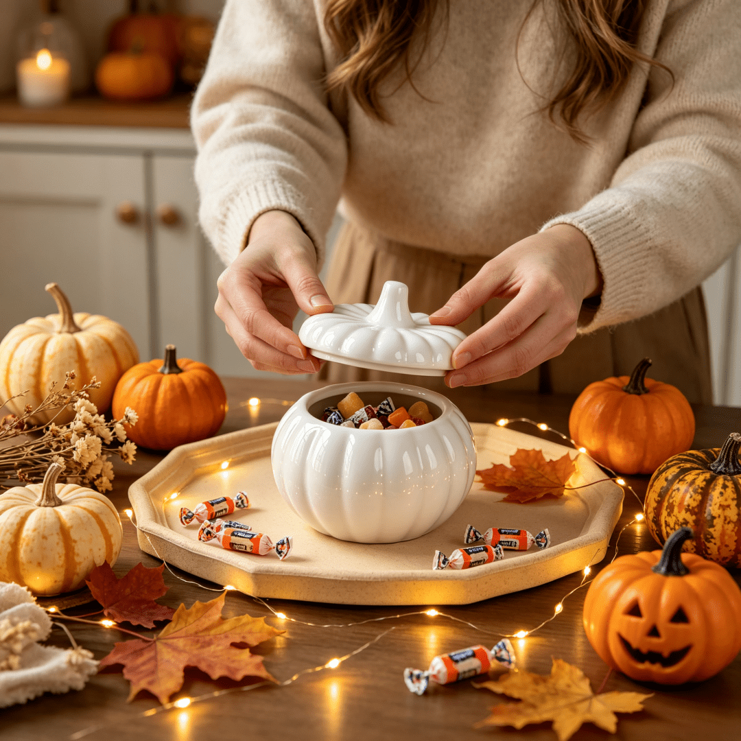 White Ceramic Pumpkin Candy Jar With Lid, Fall Autumn Table Decor Storage Canister, Thanksgiving Decor Mini Porcelain Candy Container Ideal Gift For Halloween