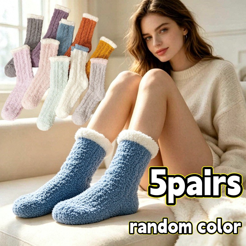 TEMU 5 Paires de Chaussettes Chaudes Aléatoires pour Femmes, Chaussettes Thermiques, Chaussettes de Sommeil Antidérapantes Épaisses en Peluche ,
