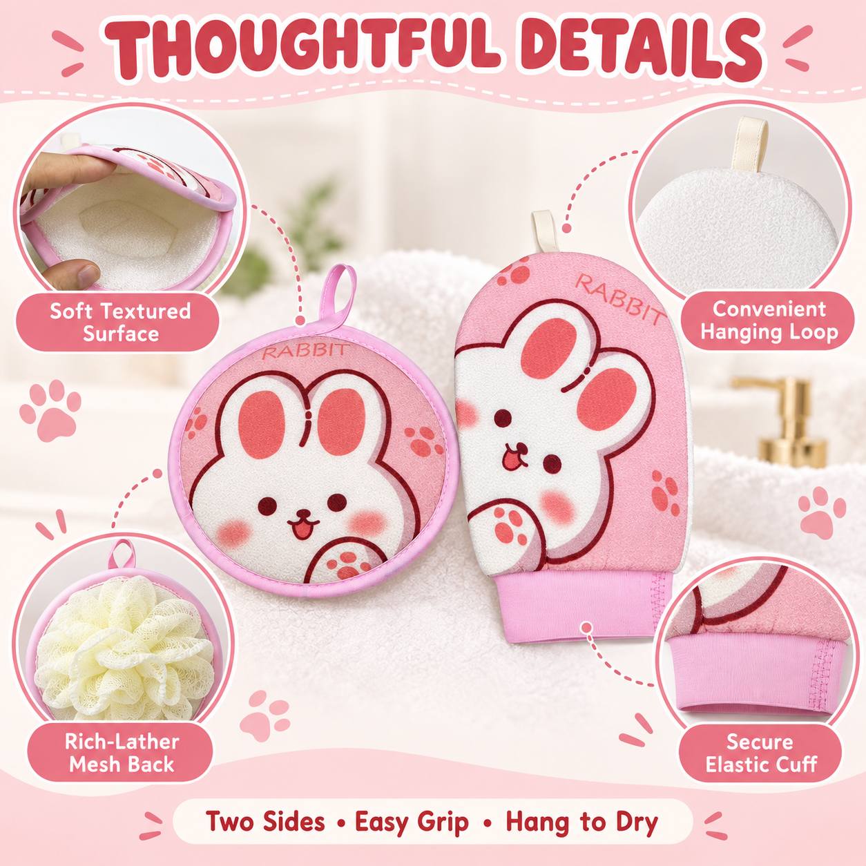 2pcs Cute Rabbit Bathing Kit with Sponge and Gloves