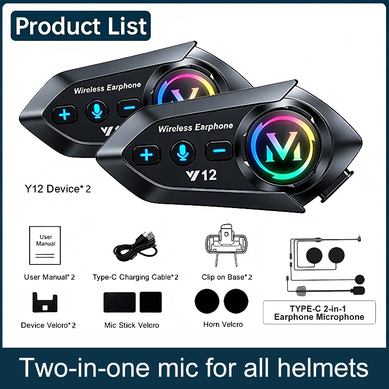 TEMU Midola Y12 2pcs Motorcycle Helmet Wireless Headset, Wireless 5.3, Professional Wind Noise Cancellation, Hd Microphone, 20h Long Lasting Battery,