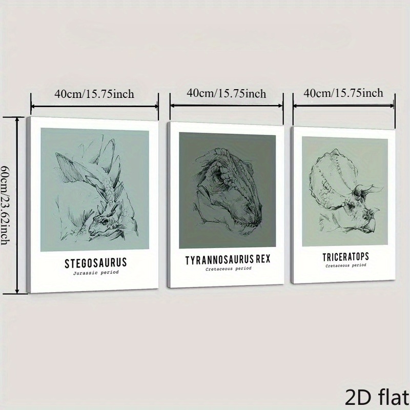 TEMU 2d Flat, 3pcs Of 2d Flat Cartoon Dinosaur Science Posters For Art Printing, Tone, With Drawing Of The Ancient Dinosaur, Featuring Dinosaur