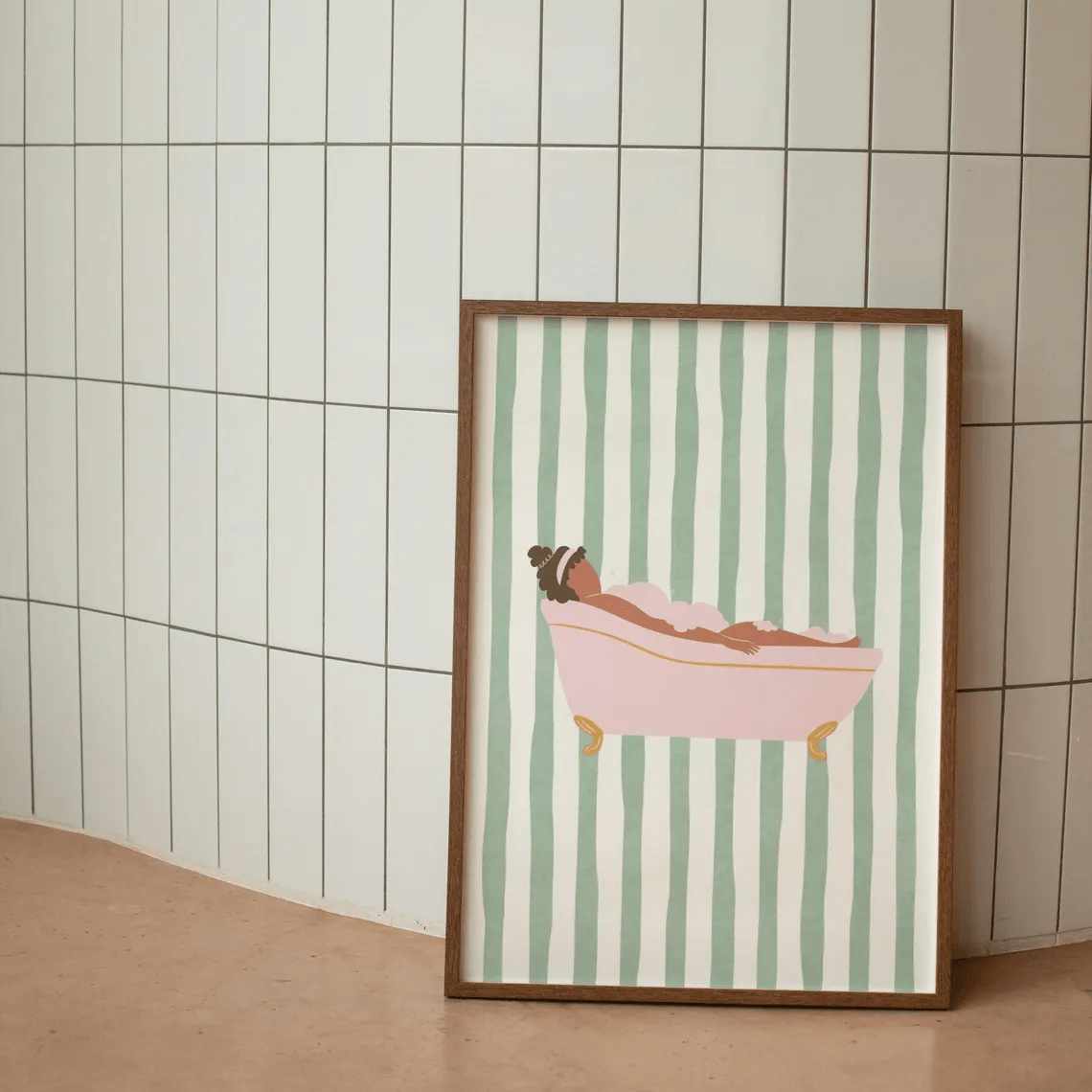 TEMU 2d Flat, 2d Flat, 1pc Wall Decoration, Retro Poster Featuring Green Striped Female Artwork, Canvas Painting Of A Pink Bathtub, Decor For The