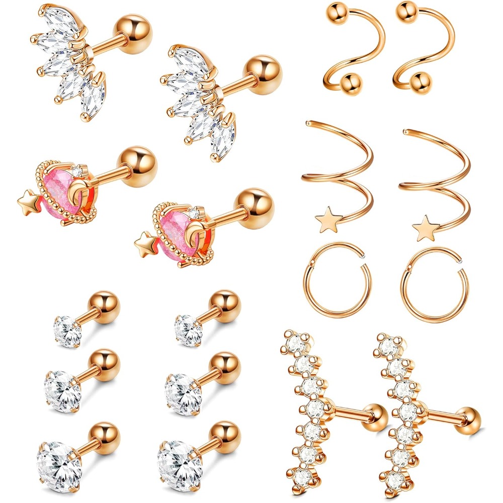 Image of 9 Pairs Stainless Steel Cartilage Earrings Studs Hoops For Helix Tragus Conch With Cz Barbell | Sexy Daily And Party Jewelry For Women, Synthetic Zirconia, Milacolato Brand