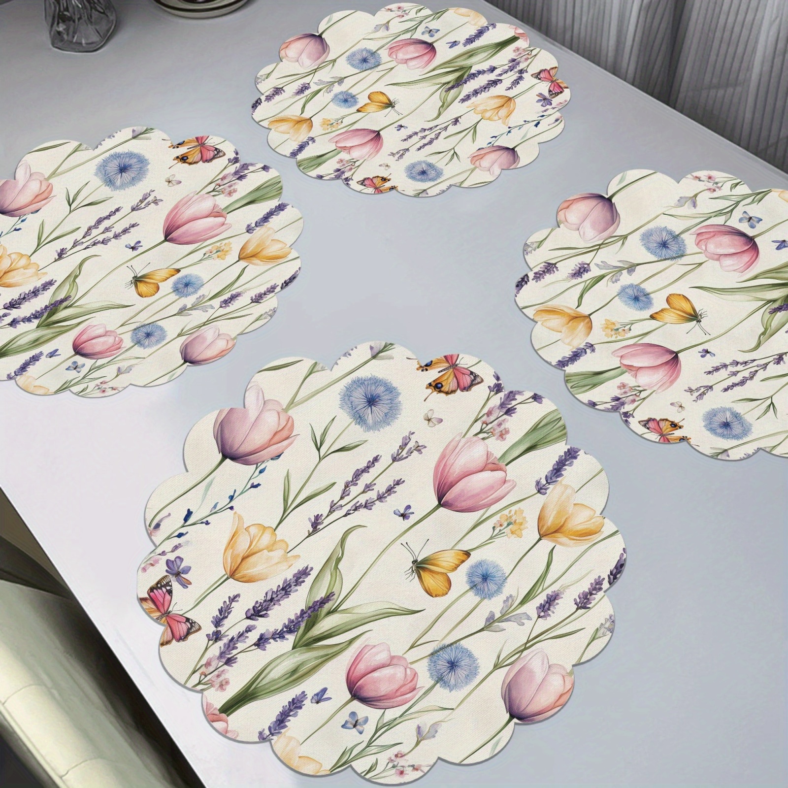 

4-pack Spring Floral Placemats, Polyester 100% Woven Round Table Mats With , Lavender & , Non-slip, Hand Wash Only, Ideal For Home, Kitchen, Banquet, Party Dining Decor